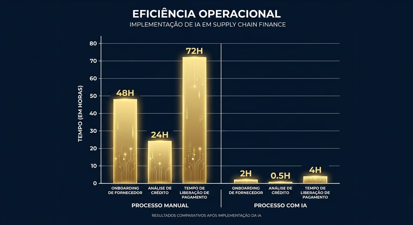 Gráfico de barras comparativo mostrando a redução drástica no tempo de onboarding de fornecedor, análise de crédito e liberação de pagamento ao usar IA em vez de processos manuais.