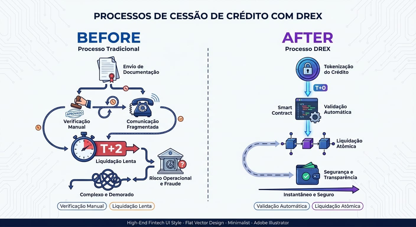 Diagrama de fluxo comparando o processo de cessão de crédito 'Antes' e 'Depois' do DREX, mostrando a transição de um sistema manual e lento (D+2) para um sistema automatizado e instantâneo (D+0) com tokens e smart contracts.