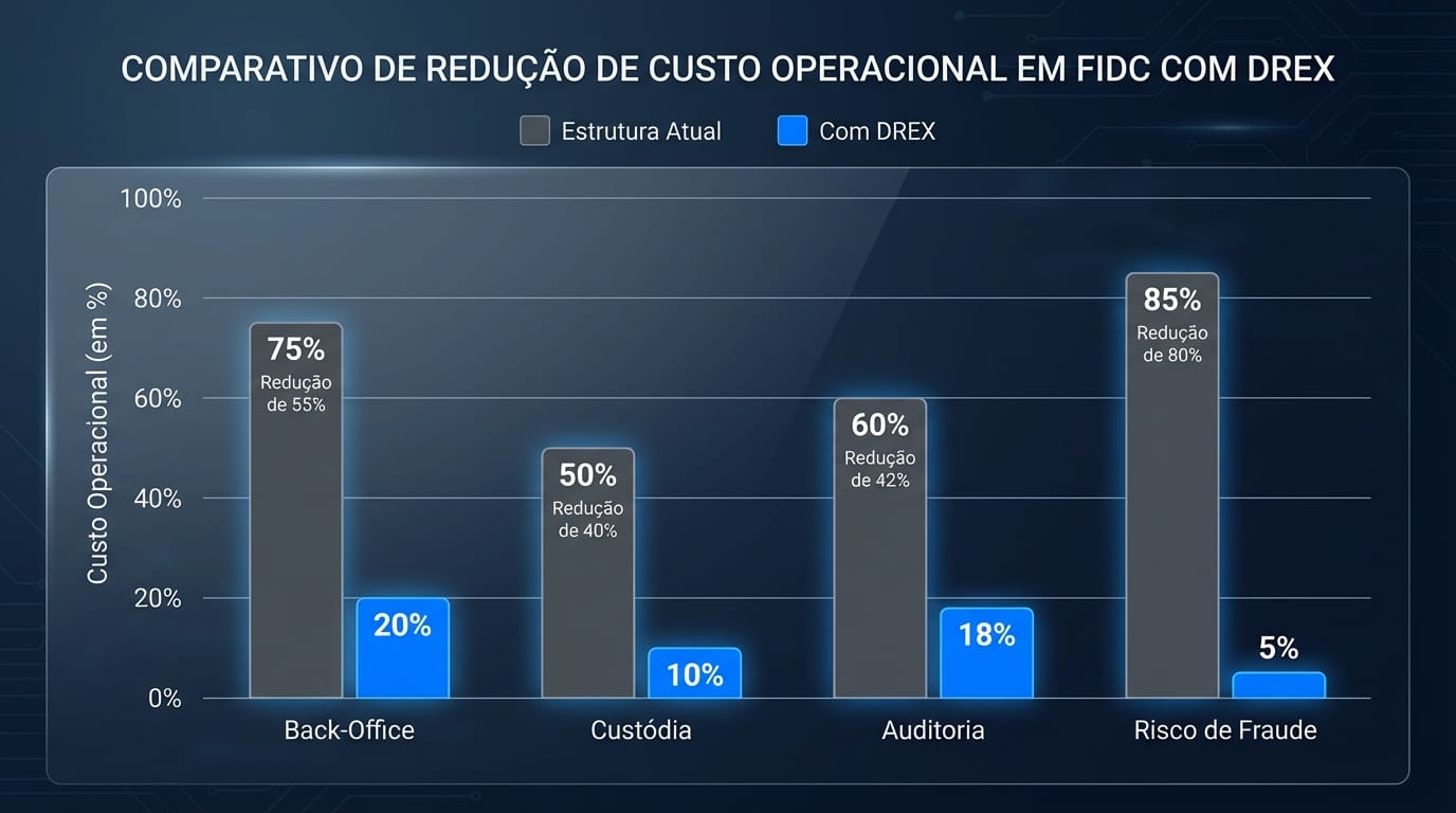 Gráfico de barras comparativo projetando a redução de custos operacionais em um FIDC com a implementação do DREX, destacando a diminuição nos custos de Back-Office, Custódia, Auditoria e Risco de Fraude.