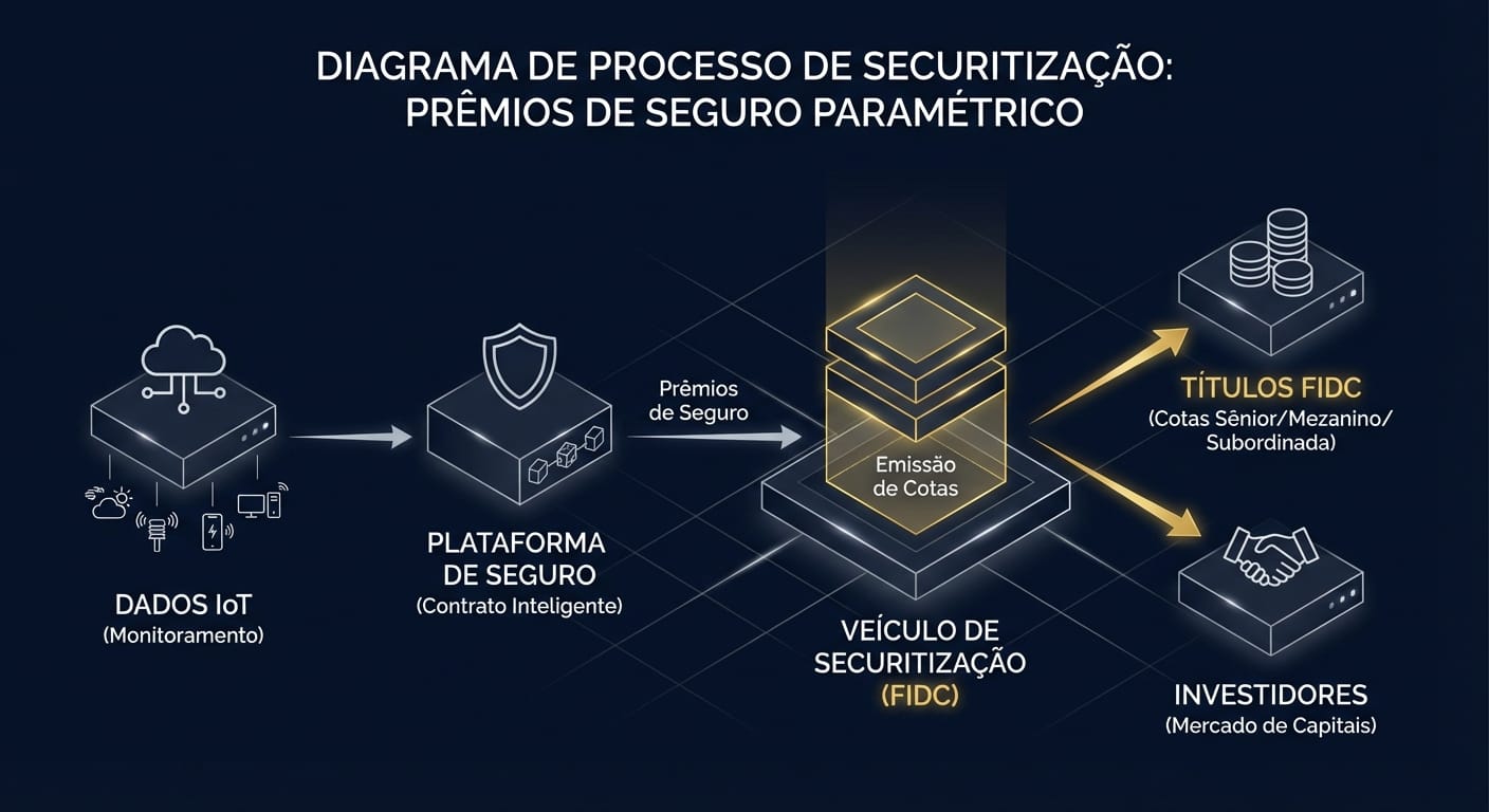 Diagrama ilustrando o processo de securitização de prêmios de seguro paramétrico, desde a coleta de dados por IoT até a emissão de títulos por um FIDC para investidores.