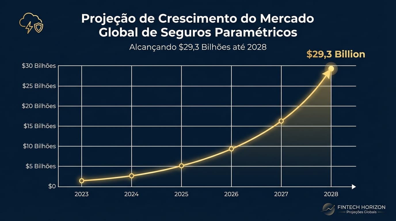 Gráfico de barras mostrando o crescimento projetado do mercado global de seguros paramétricos, atingindo US$ 29,3 bilhões até 2028.