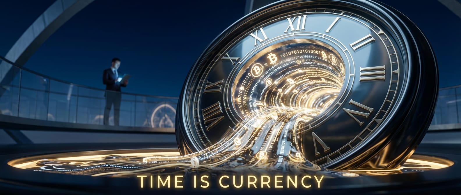 Imagem conceitual futurista conectando salário, tempo e liquidez financeira.