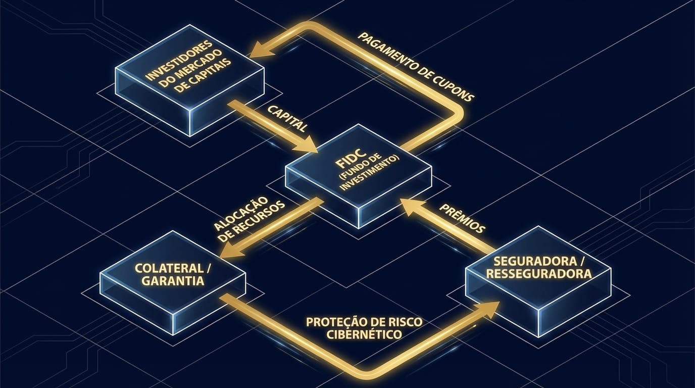 Diagrama ilustrando o funcionamento de um FIDC baseado em 'Cyber Cat Bond', mostrando o fluxo de capital dos investidores para o FIDC/SPV, que fornece colateral à seguradora, e o fluxo de prêmios e cupons.