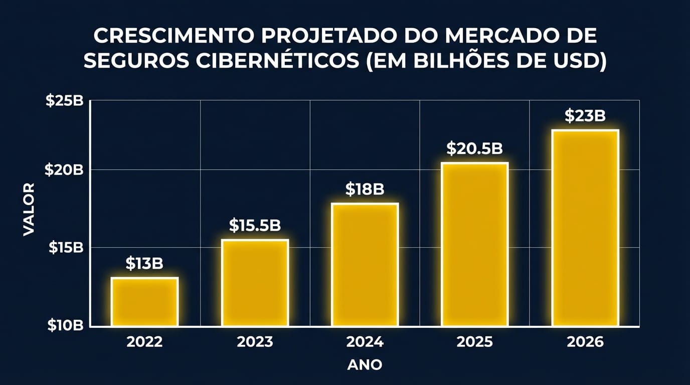 Gráfico de barras mostrando o crescimento projetado do mercado global de seguro cibernético de 2022 a 2026, atingindo US$ 23 bilhões.