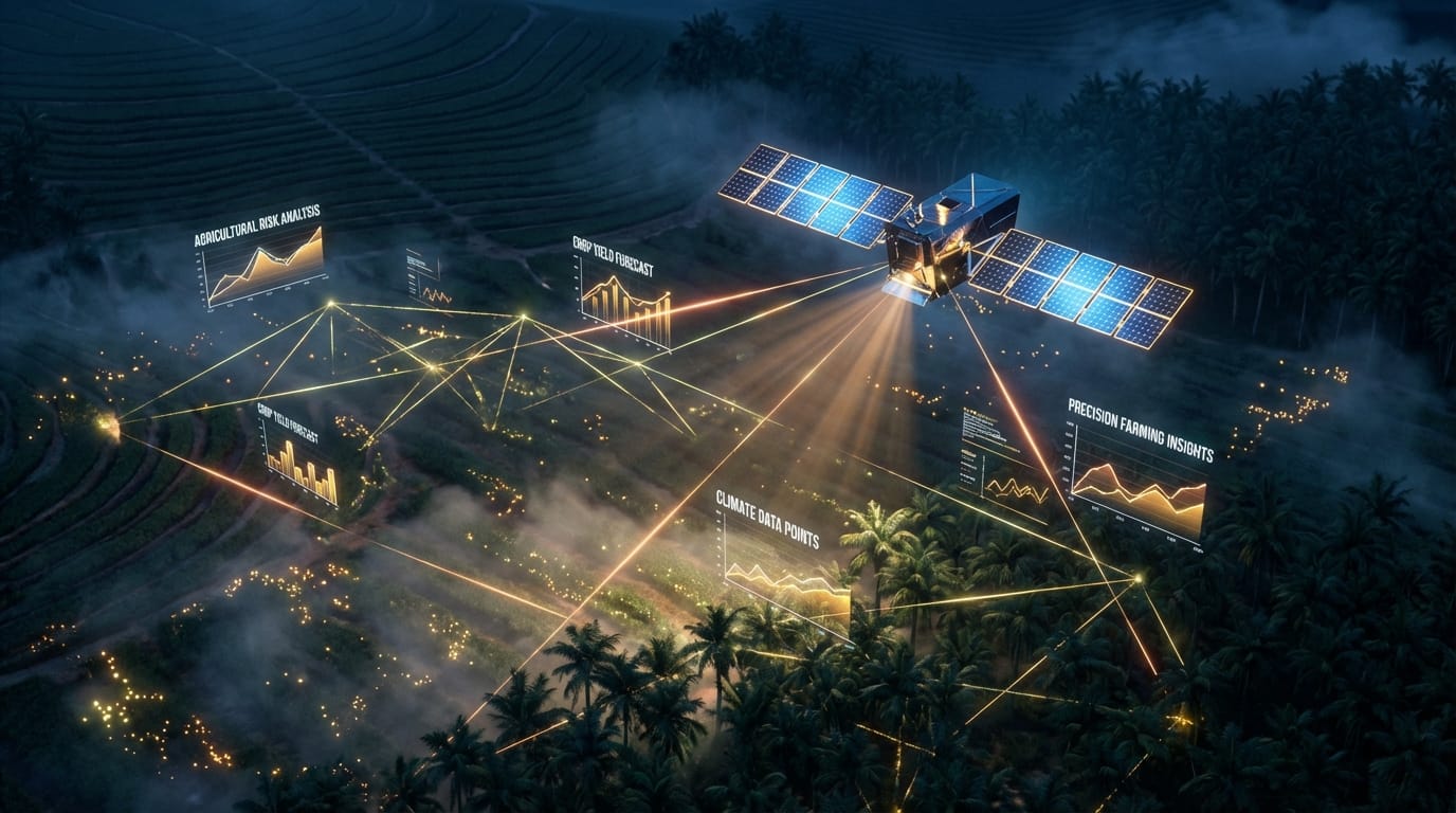 Imagem conceitual de um satélite sobrevoando uma vasta plantação brasileira, com linhas de dados e gráficos sobrepostos, simbolizando a análise de risco agrícola por tecnologia. A estética é futurista e corporativa, com tons de verde, azul e branco.