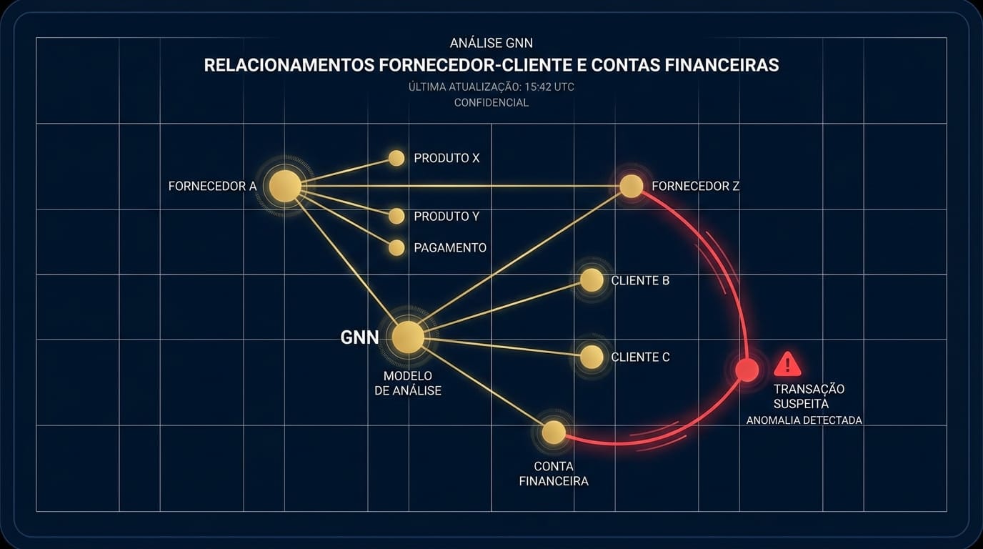 Diagrama ilustrando o funcionamento de uma Rede Neural de Grafos (GNN), mostrando nós centrais (fornecedores, clientes) e periféricos (faturas, contas) com conexões destacadas em vermelho para indicar anomalias.