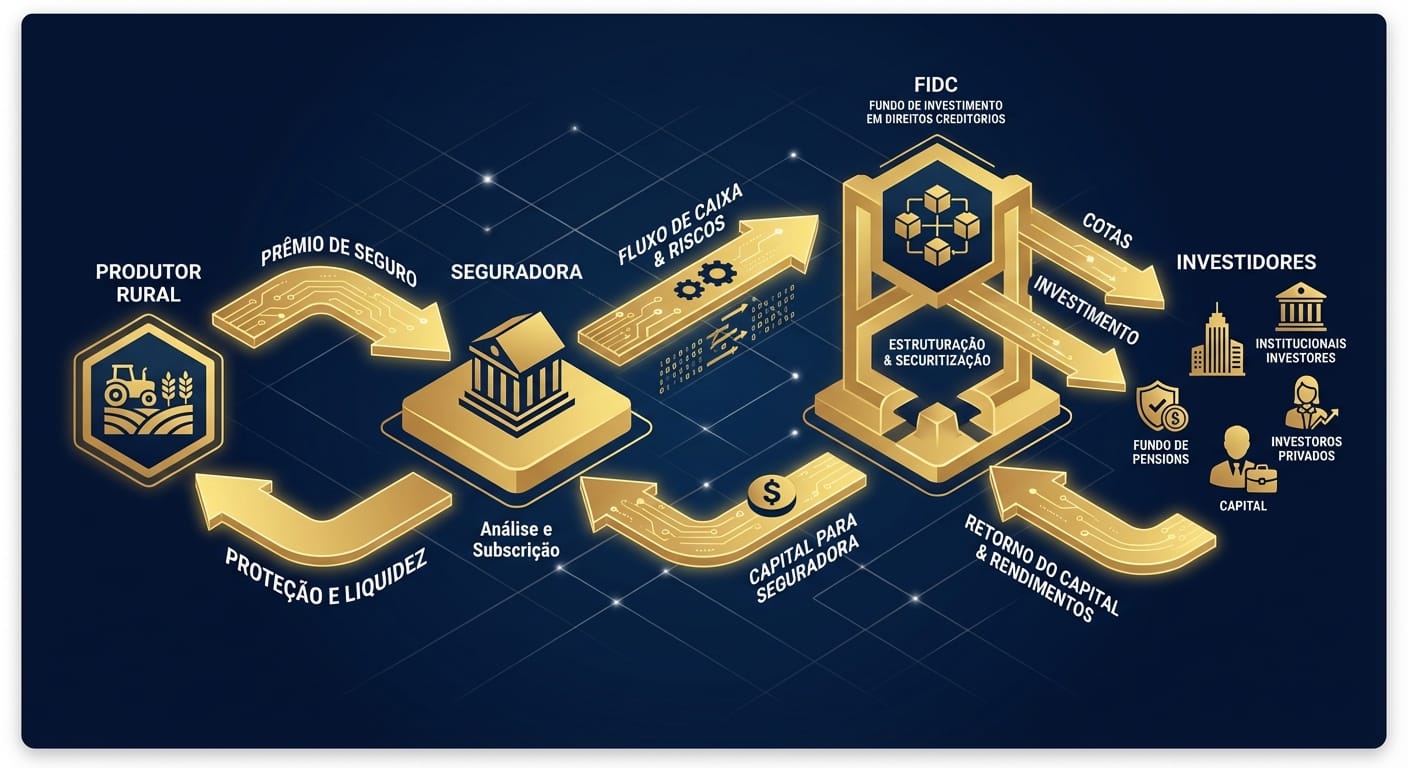 Infográfico claro e moderno mostrando o fluxo da securitização de prêmios de seguro agrícola, desde o Produtor Rural, passando pela Seguradora, FIDC, Investidores e o retorno do capital.