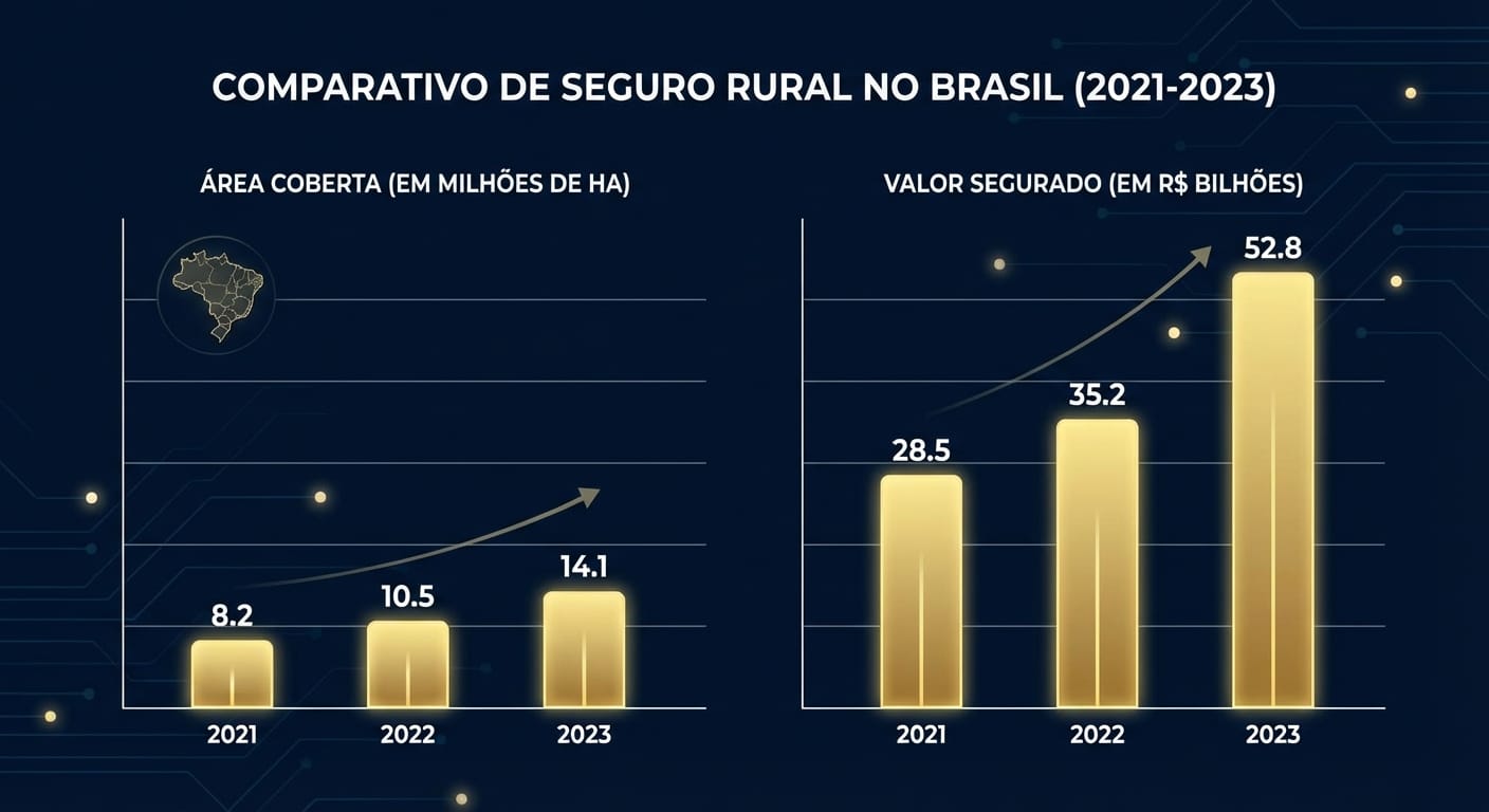 Gráfico de barras estilizado comparando o crescimento da 'Área Coberta por Seguro Rural (em milhões de ha)' e o 'Valor Segurado (em R$ bilhões)' no Brasil nos últimos 3 anos, mostrando uma clara tendência de crescimento.