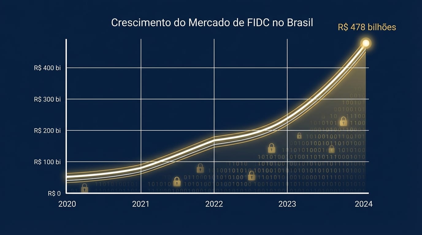 Gráfico estilizado mostrando o crescimento do mercado de FIDC no Brasil, com uma curva ascendente atingindo a marca de R$ 478 bilhões, com elementos de segurança digital ao fundo.