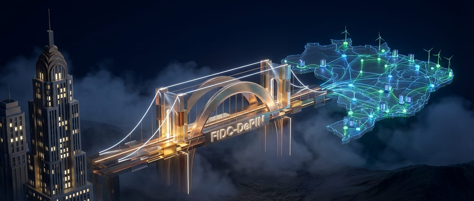 Ponte entre mercado financeiro tradicional e infraestrutura física descentralizada no Brasil, com o título FIDC-DePIN.