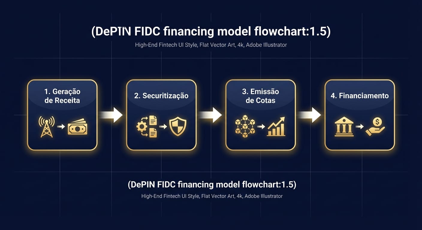 Diagrama de fluxo ilustrando o modelo de financiamento de DePIN via FIDC, mostrando as etapas de geração de receita, securitização, emissão de cotas e financiamento.