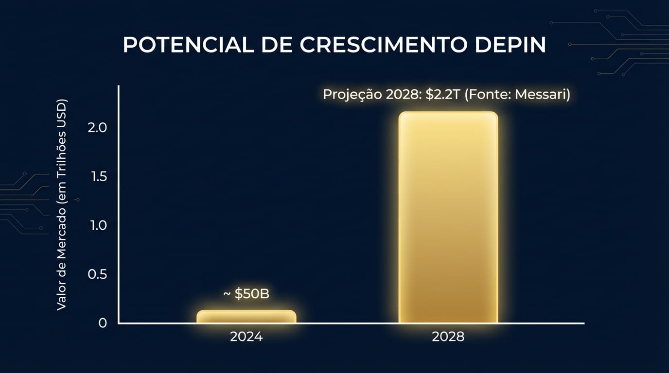 Gráfico de barras mostrando o potencial de crescimento do mercado DePIN, de ~$50B em 2024 para uma projeção de $2.2T em 2028, com fonte da Messari.