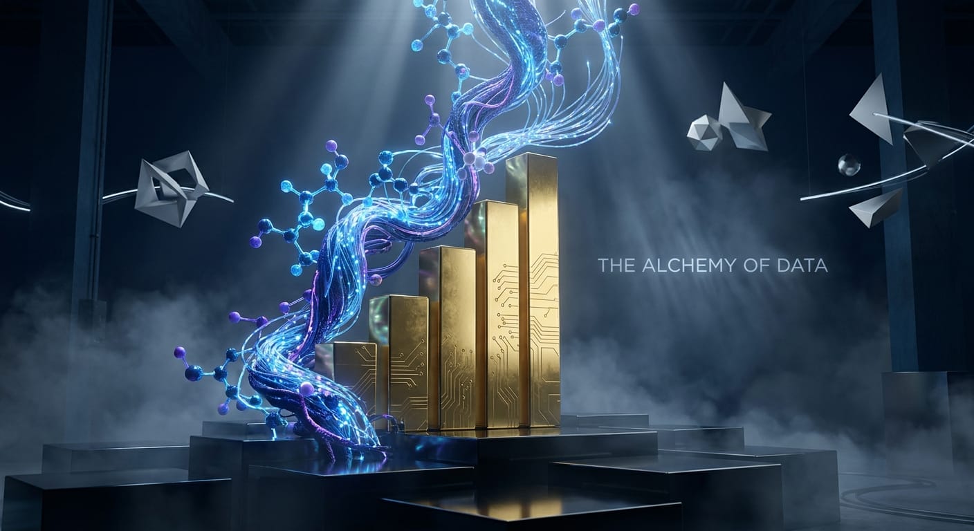 Imagem futurista abstrata mostrando a fusão de IA, ciência dos materiais e finanças, com uma estrutura molecular brilhante sendo analisada por redes neurais que se transformam em um gráfico financeiro.