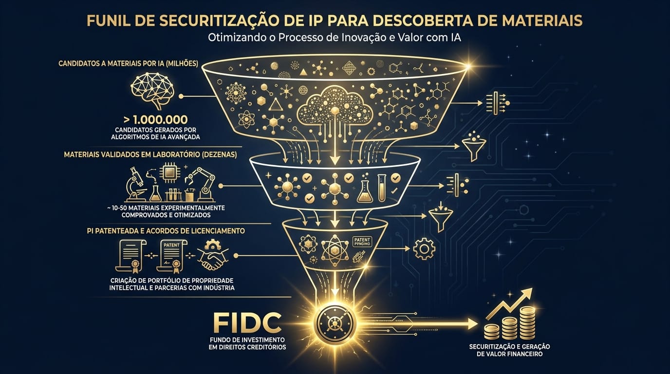Diagrama do 'Funil de Securitização de PI para Descoberta de Materiais', mostrando o processo desde milhões de candidatos de materiais rastreados por IA até a criação de um FIDC.