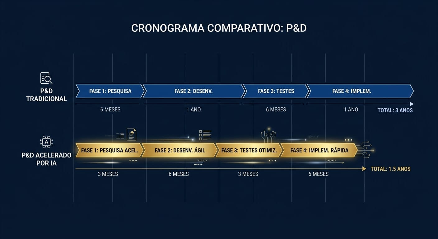 Gráfico de cronograma comparando o P&D tradicional com o P&D acelerado por IA, mostrando uma compressão drástica no tempo de descoberta e desenvolvimento de novos materiais.