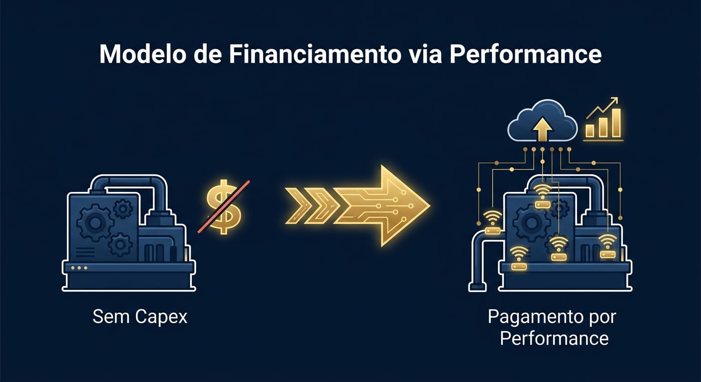 Infográfico ilustrando o modelo 'Machine-as-a-Service', mostrando a transição de 'Sem Capex' para 'Pagamento por Performance' habilitado por sensores IoT que enviam dados para a nuvem.