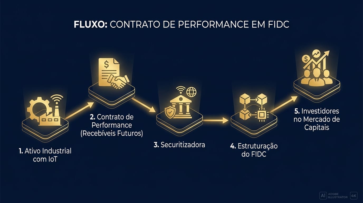 Diagrama de fluxo mostrando o processo de securitização: um ativo industrial com IoT gera um contrato de performance, cujos recebíveis são processados por uma securitizadora, estruturados em um FIDC e ofertados a investidores.