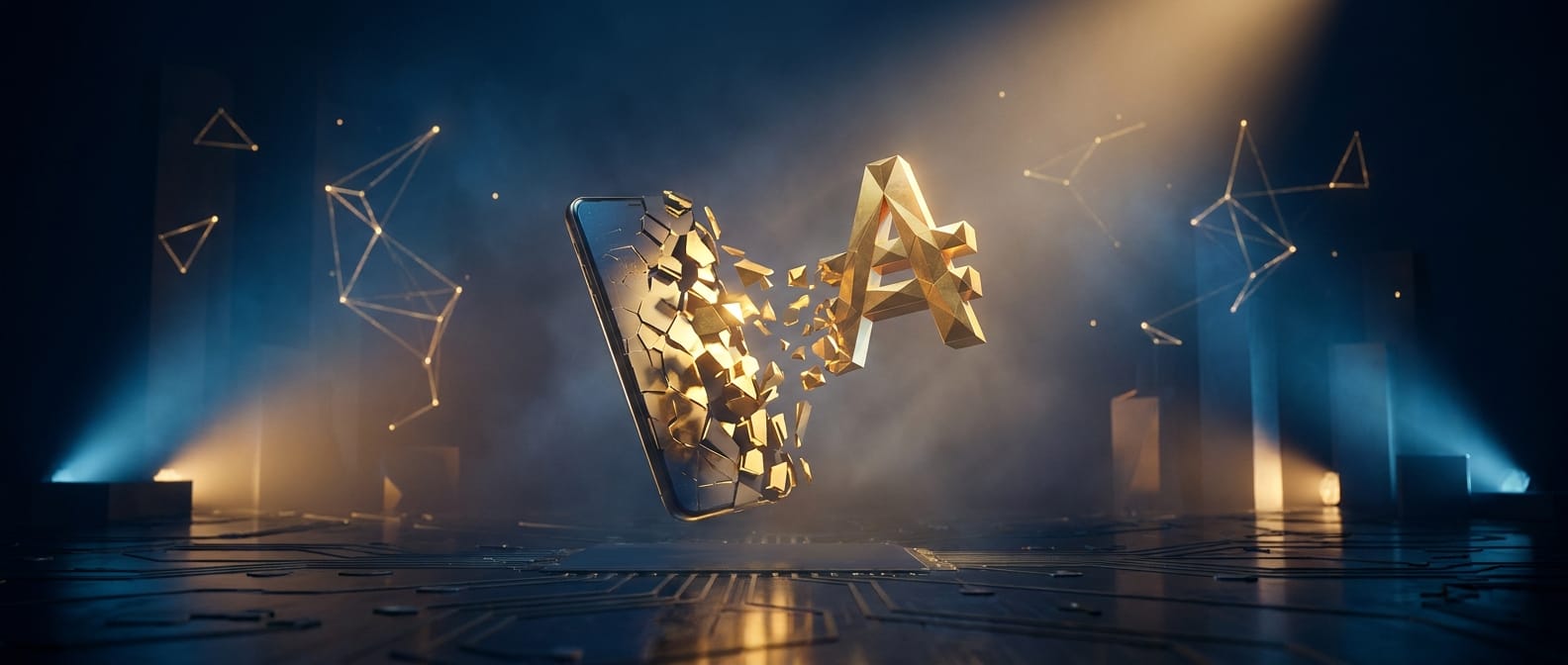 Imagem conceitual da economia circular de eletrônicos, mostrando um smartphone se transformando em um ativo financeiro digital com fundo verde e tecnológico.