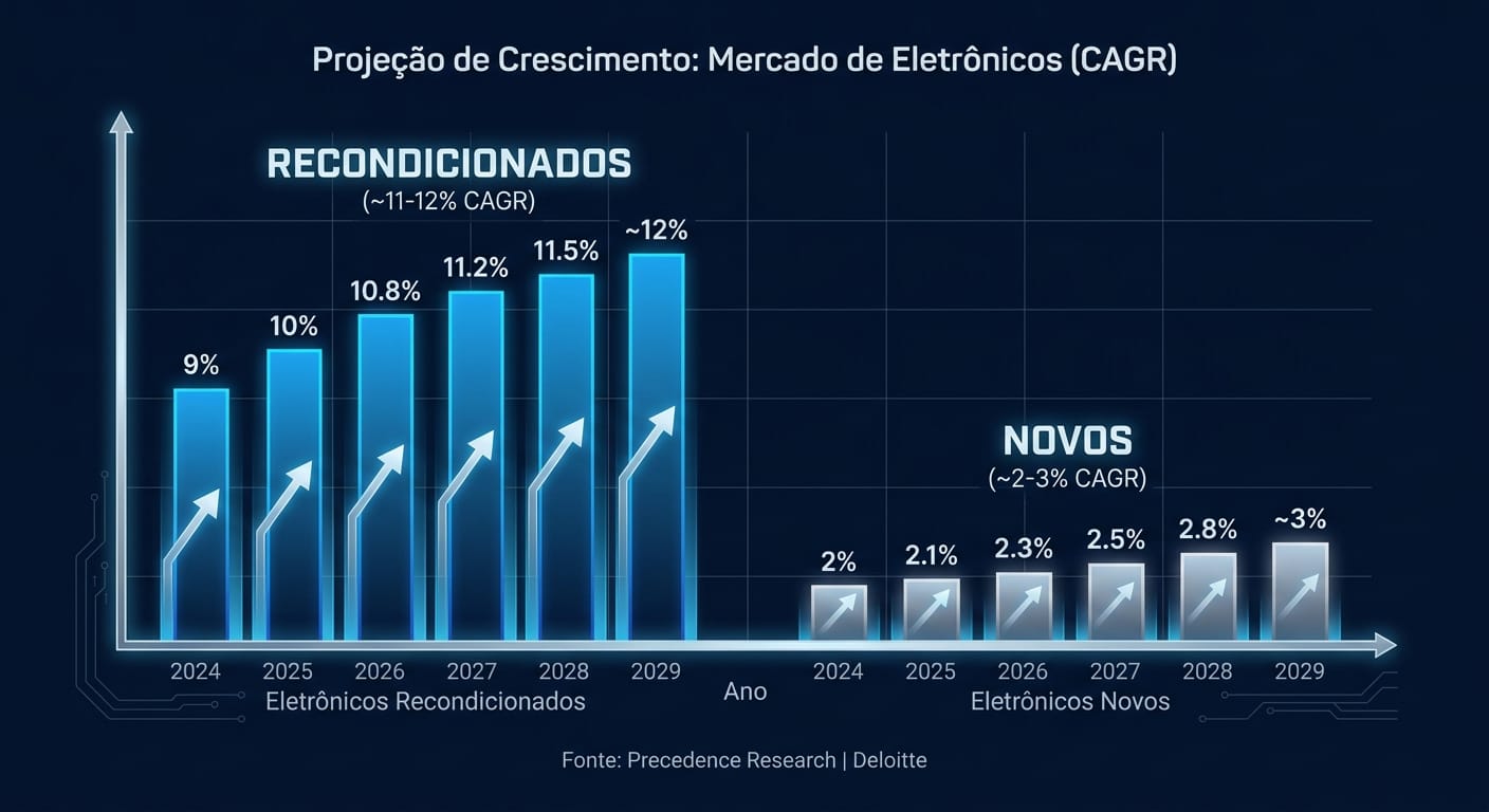 Gráfico de barras comparando a taxa de crescimento anual (CAGR) do mercado de eletrônicos recondicionados (~11-12%) versus o de novos (~2-3%).