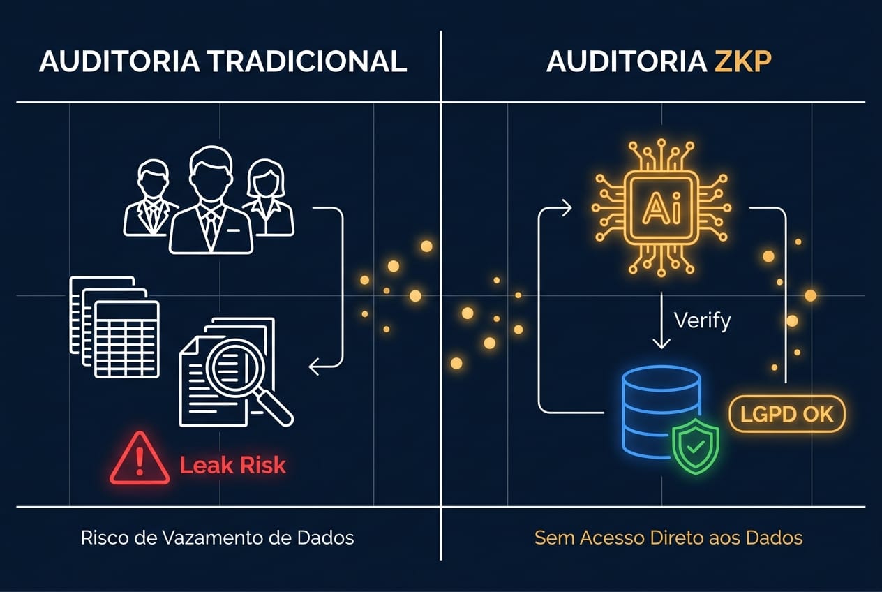 Infográfico comparando a Auditoria Tradicional, com risco de vazamento, versus a Auditoria com ZKP, que garante segurança e conformidade com a LGPD.