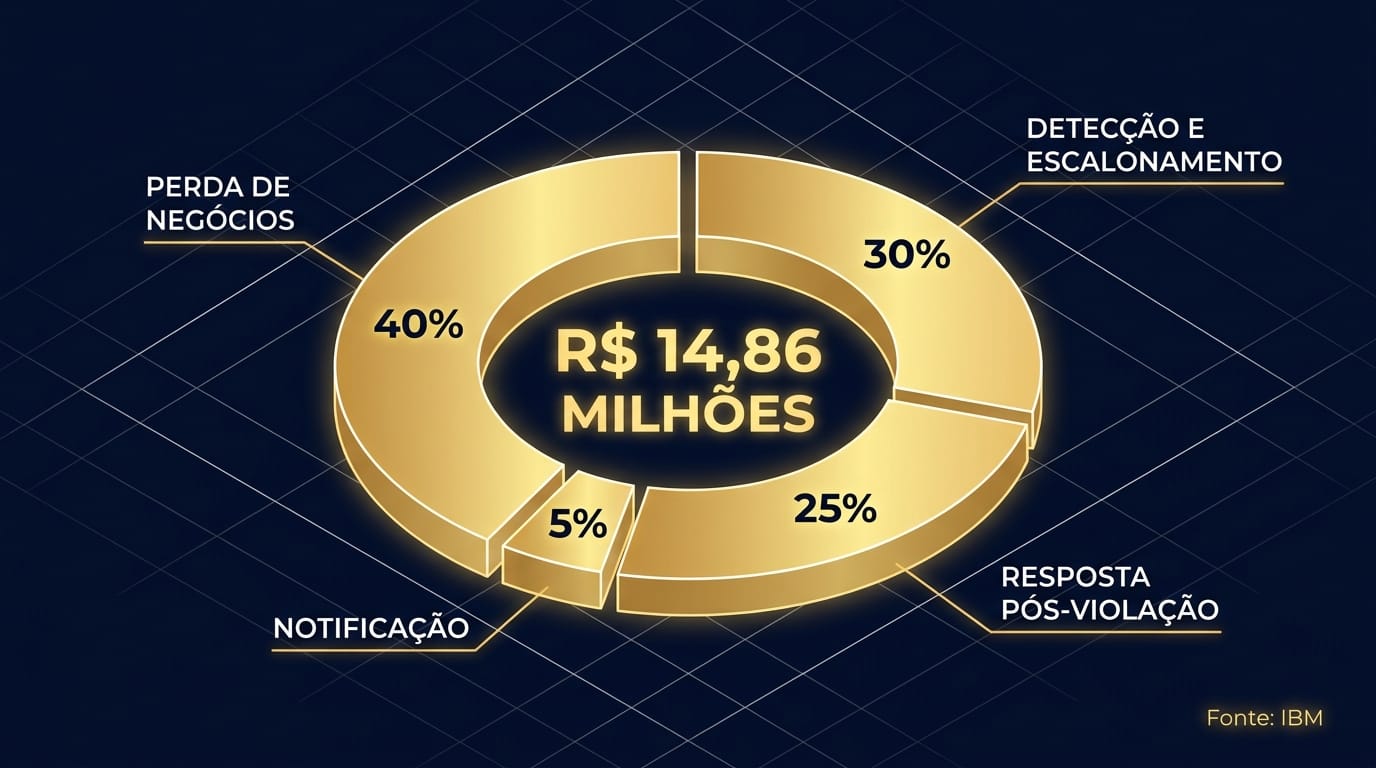 Gráfico de pizza mostrando os componentes do custo de uma violação de dados no Brasil, com o valor total de R$14,86 Milhões no centro. Fonte: IBM.