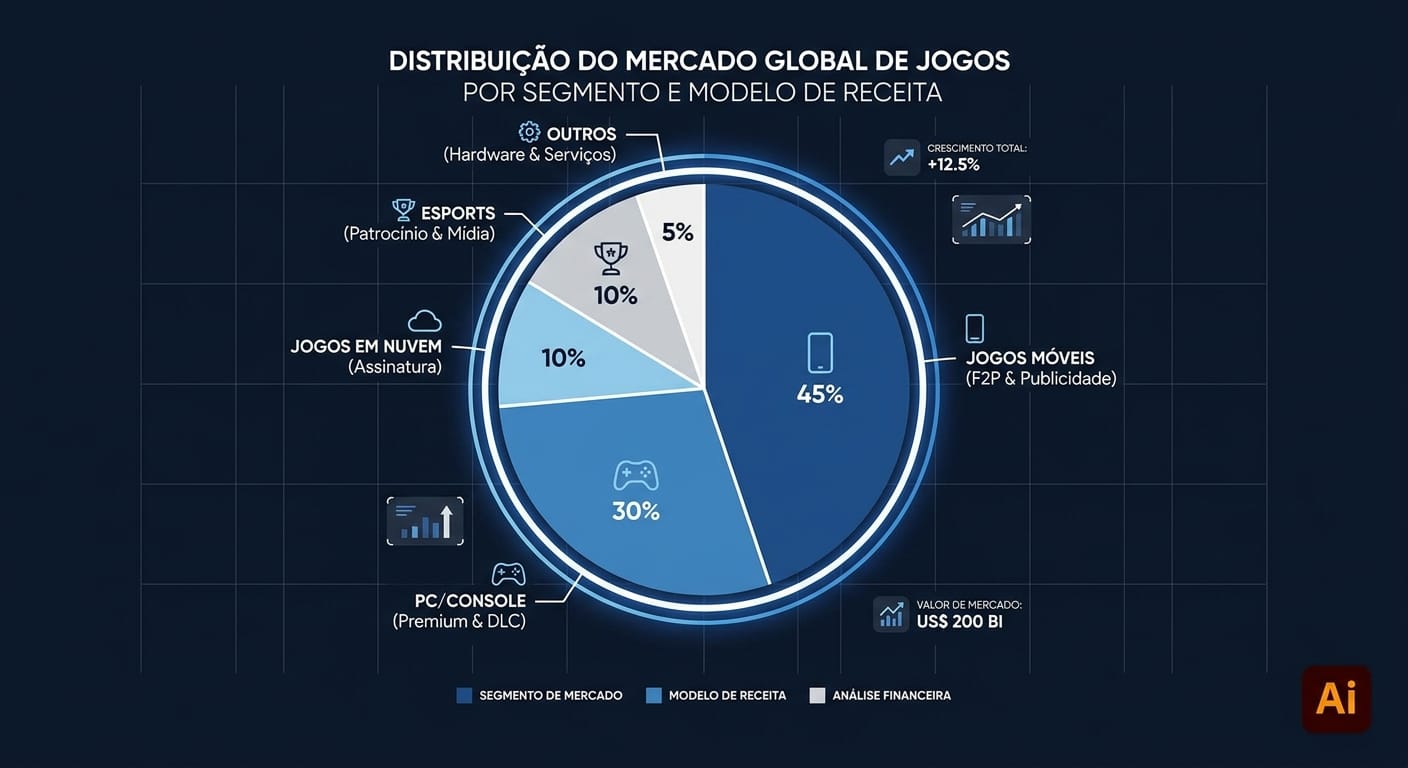 Gráfico de pizza detalhando a divisão do mercado global de jogos por segmento e modelo de receita, com design corporativo e paleta de cores de tecnologia.