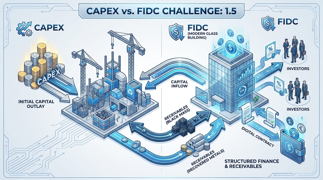 Infográfico 3D comparando o alto custo de CAPEX para uma planta de reciclagem com a solução de financiamento via FIDC, que canaliza investimentos para o projeto em troca de recebíveis futuros da venda de metais recuperados.