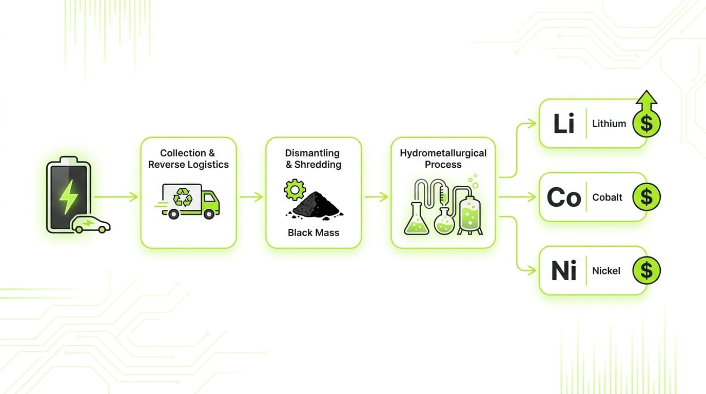 Diagrama de fluxo de processo mostrando as etapas da reciclagem de baterias, desde a coleta de veículos elétricos, passando pela produção de 'black mass' e processo hidrometalúrgico, até a venda de lítio, cobalto e níquel como fontes de receita.