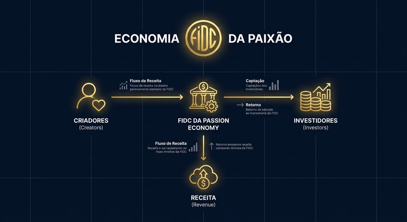 Infográfico ilustrando o fluxo de um FIDC da Passion Economy, mostrando criadores gerando receitas recorrentes que são empacotadas em um FIDC e vendidas como cotas para investidores. O design é limpo e profissional.