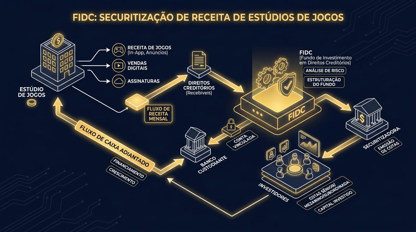Diagrama de fluxo ilustrando como FIDCs securitizam os fluxos de receita de estúdios de jogos, desde o desenvolvedor até os investidores.