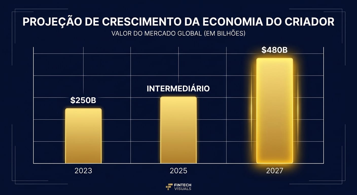 Gráfico de barras mostrando o crescimento projetado do mercado da Creator Economy de $250B em 2023 para $480B em 2027, com fonte da Goldman Sachs. O design é minimalista e profissional.