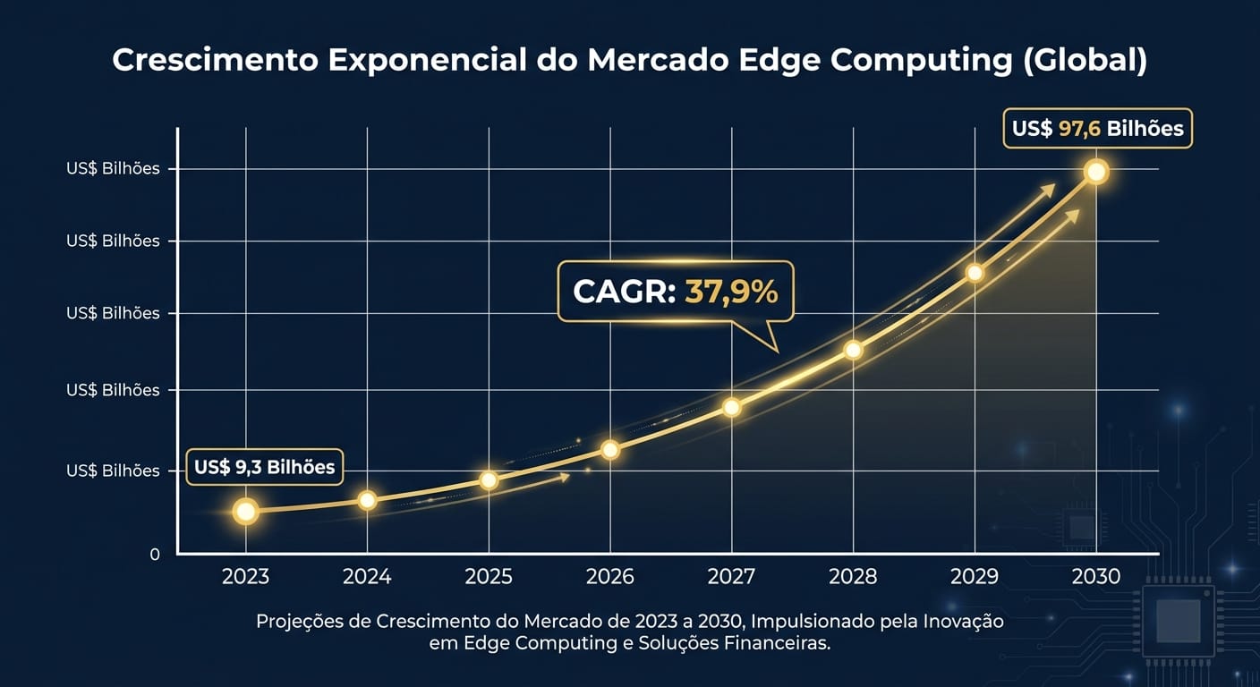 Infográfico mostrando o crescimento exponencial do mercado global de Edge Computing de 2023 a 2030, atingindo US$ 155,9 bilhões, com um CAGR de 37,9%.