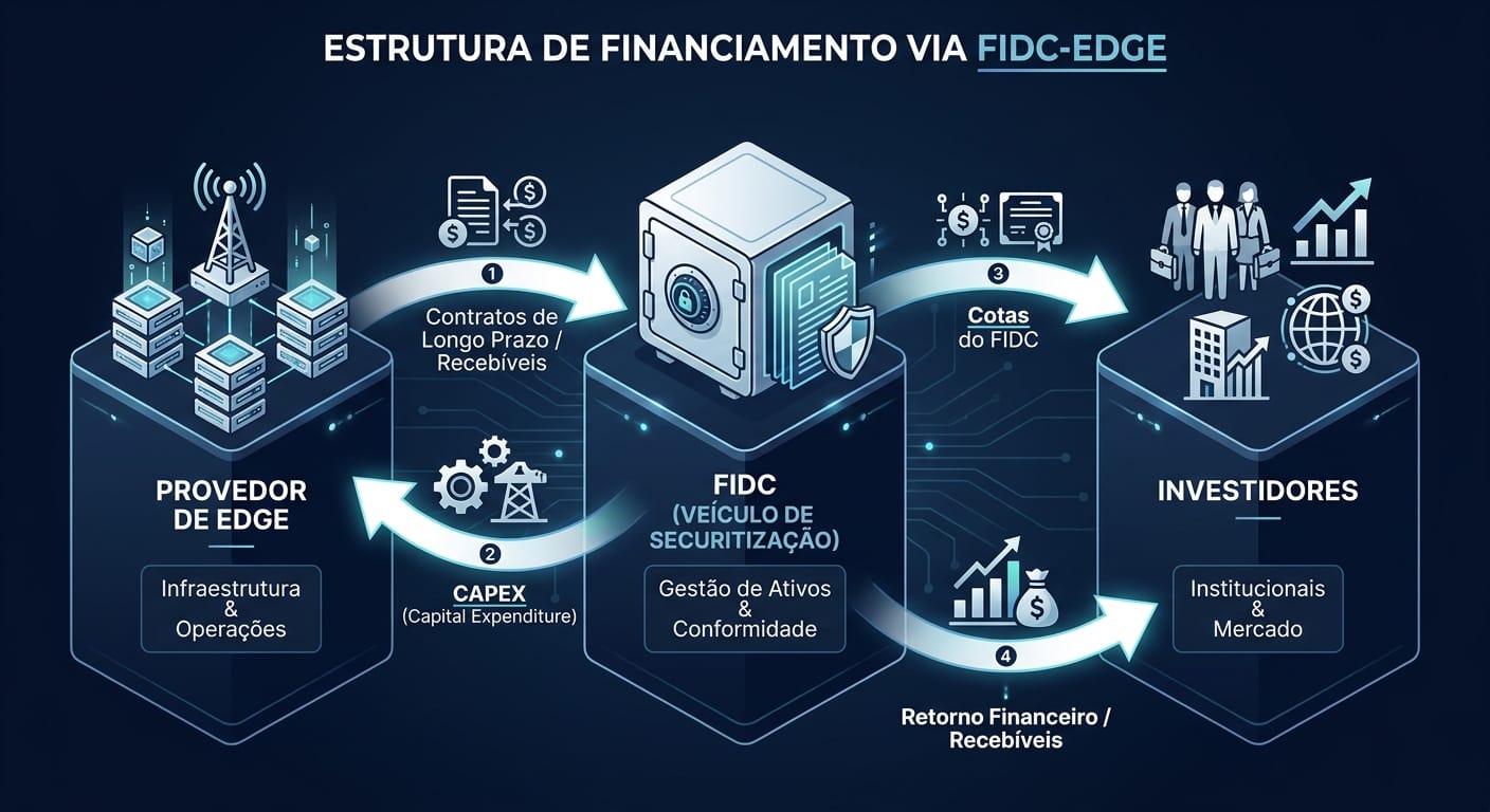 Diagrama de fluxo ilustrando o mecanismo de um FIDC para financiar infraestrutura de Edge, mostrando o fluxo de contratos, capital, cotas e retornos entre o Provedor de Edge, o FIDC e os Investidores.