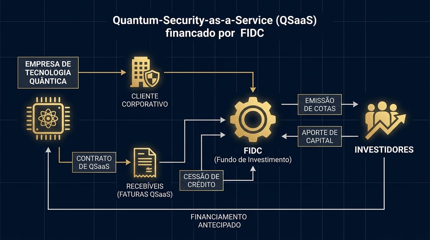 Infográfico em diagrama de fluxo ilustrando o modelo de negócio 'Quantum-Security-as-a-Service (QSaaS) financiado por FIDC', mostrando as etapas desde os contratos com clientes até a injeção de capital via mercado de capitais.