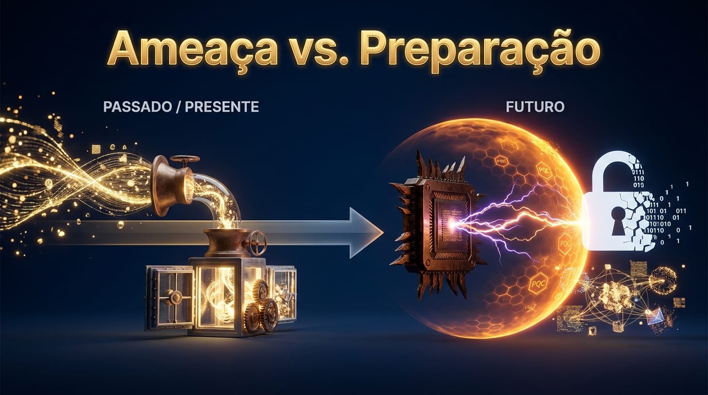 Imagem conceitual mostrando uma linha do tempo da ameaça quântica. De um lado, dados sendo 'colhidos' e armazenados; do outro, um computador quântico quebrando a criptografia antiga enquanto a nova criptografia PQC protege os dados.
