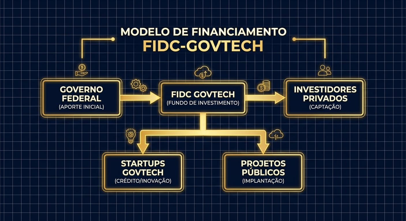 Diagrama ilustrando o modelo de financiamento FIDC-GovTech, mostrando Contratos Governamentais se tornando Recebíveis, que são vendidos a um FIDC. O FIDC emite Cotas para Investidores e fornece Capital Antecipado para a Empresa GovTech.