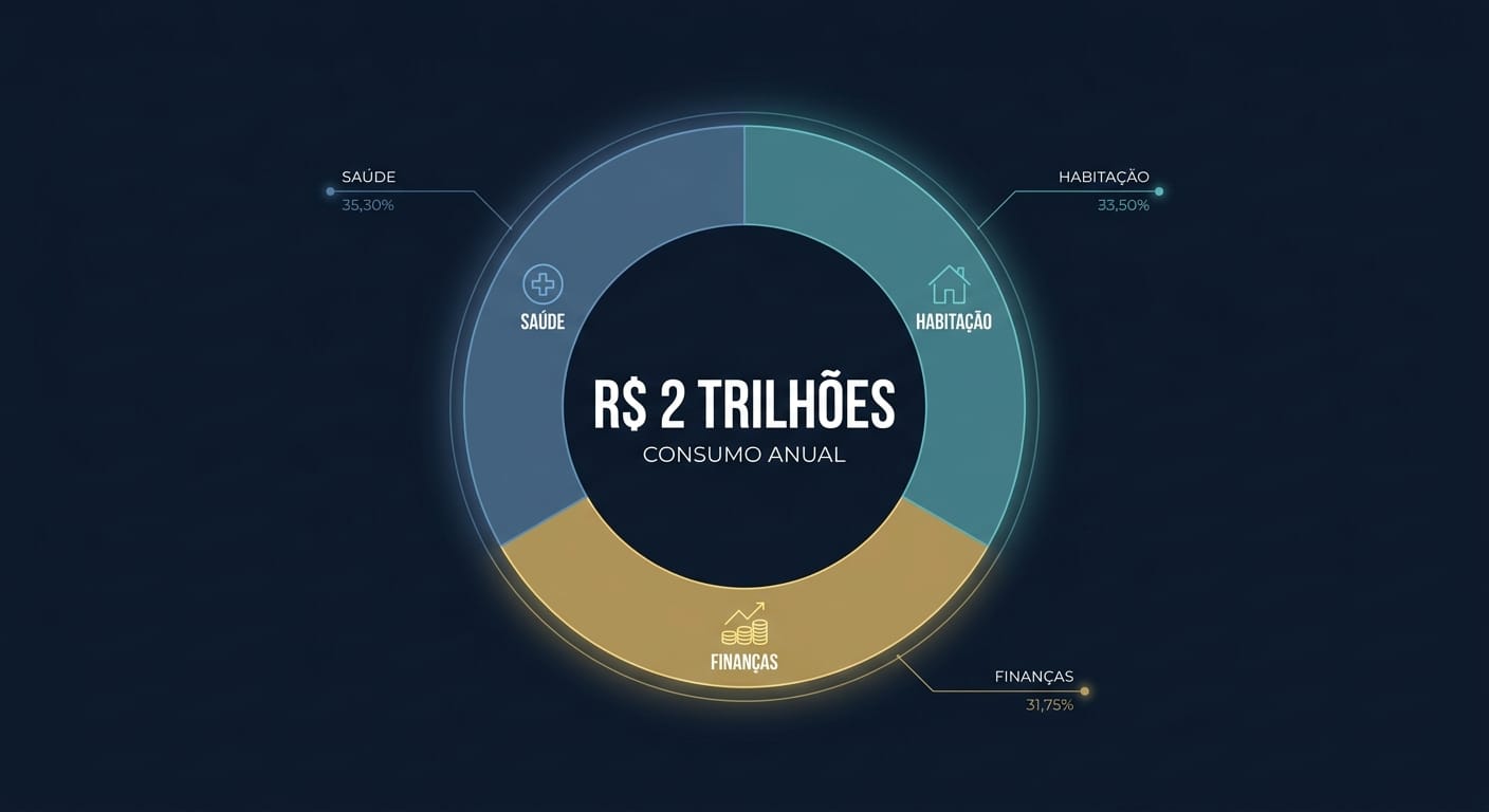 Infográfico minimalista em português mostrando um gráfico de pizza com o texto 'R$ 2 Trilhões' representando o consumo anual da população 50+ no Brasil, com ícones para saúde, moradia e finanças.