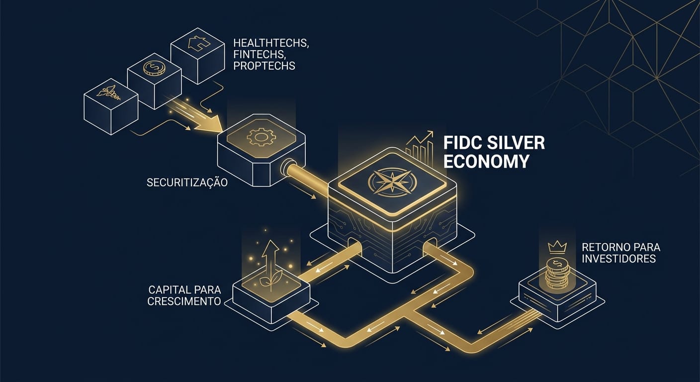 Diagrama ilustrando o funcionamento de um FIDC na Economia Prateada. Healthtechs, Fintechs e Proptechs geram receitas recorrentes, que são securitizadas em um 'FIDC Silver Economy'. O FIDC fornece capital para crescimento às empresas e retorno aos investidores.