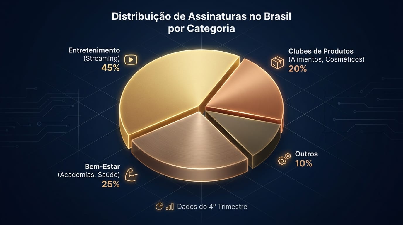 Gráfico de pizza mostrando a distribuição de assinaturas no Brasil por categoria.