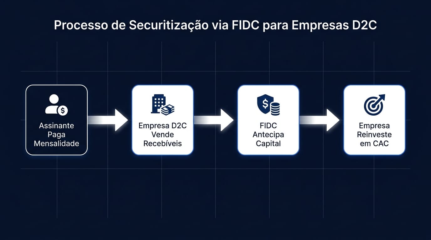 Diagrama de fluxo ilustrando o processo de securitização via FIDC para empresas D2C.
