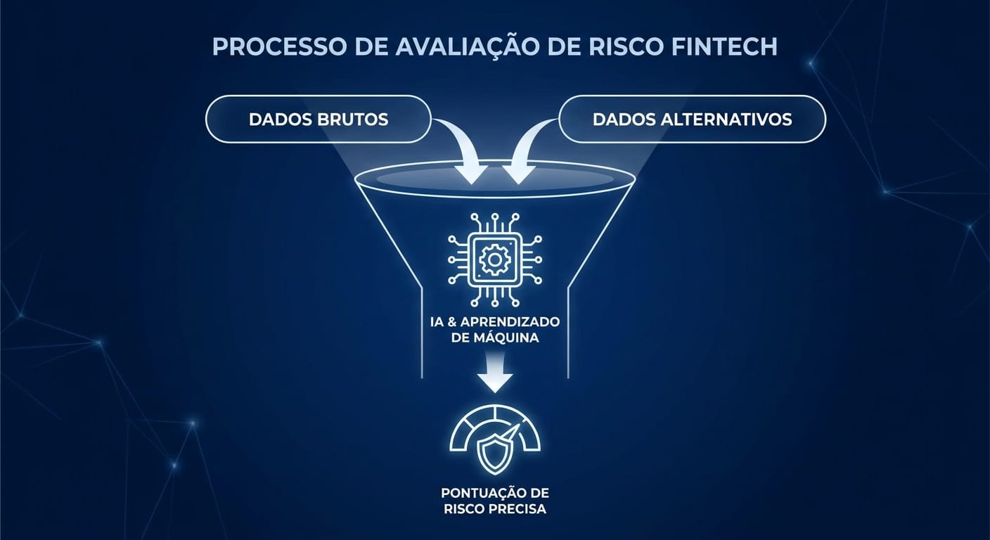 Infográfico de um funil de processamento de dados por IA para gerar scores de risco precisos.