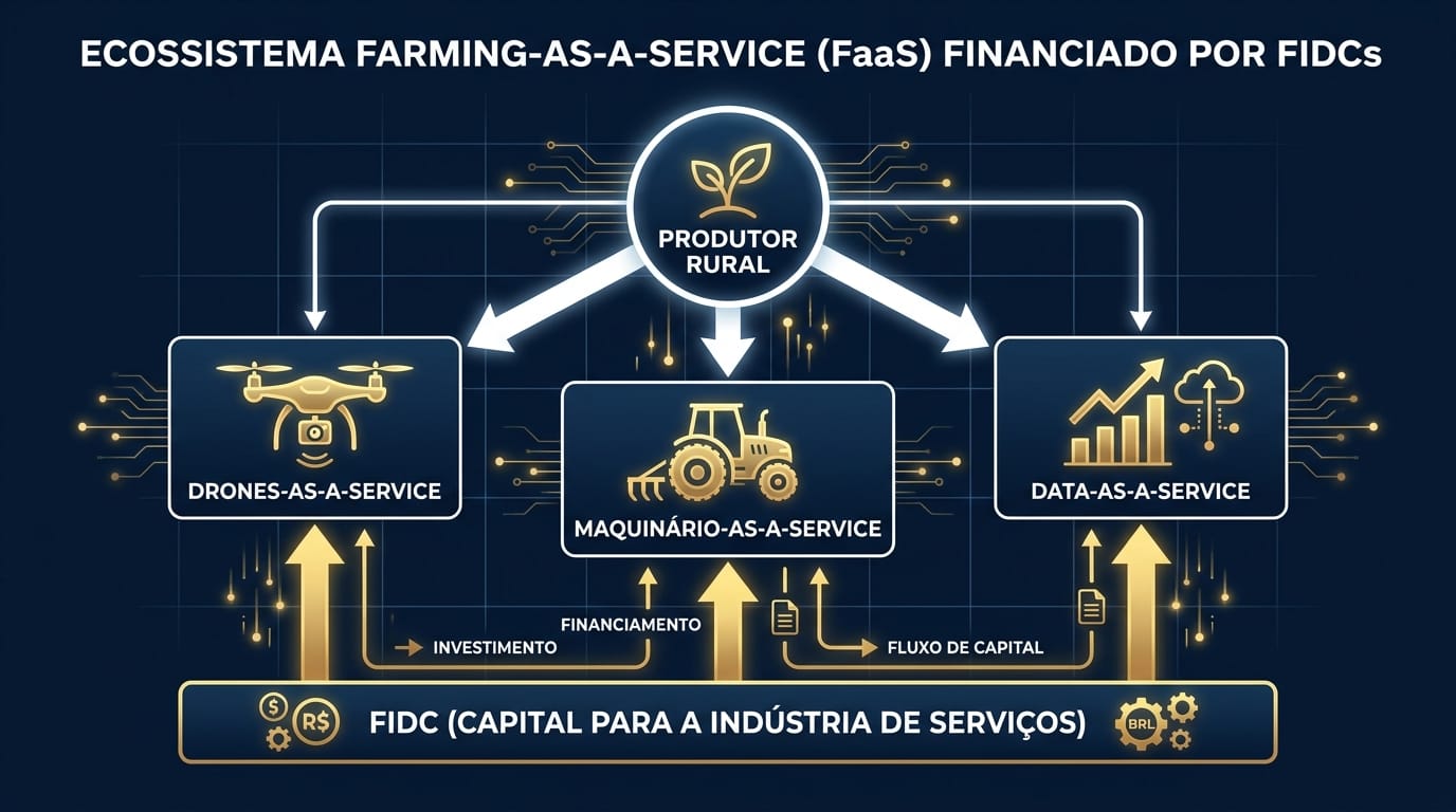 Diagram of the Farming-as-a-Service (FaaS) ecosystem financed by FIDCs, showing capital flow from FIDC to service providers (Drones, Machinery, Data) and services flowing to the farmer.