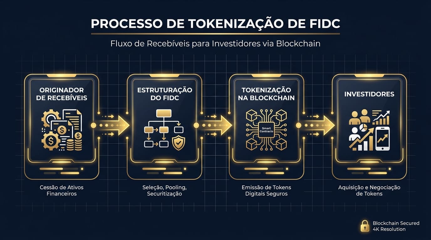 Infográfico explicando o processo de tokenização de um FIDC, desde o Originador de Recebíveis, passando pela Estruturação do Fundo, a Tokenização na Blockchain, até os Investidores adquirindo os tokens.