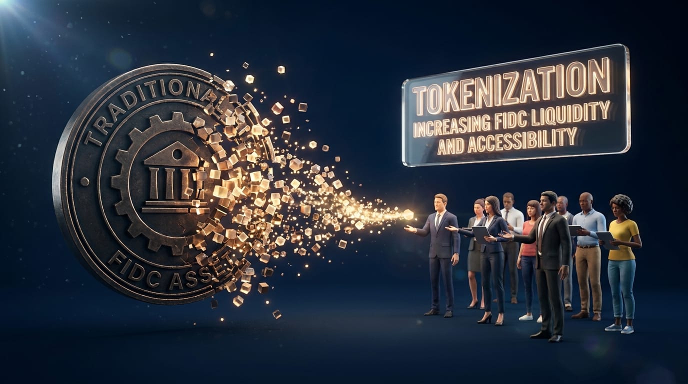 Imagem conceitual mostrando um grande ativo financeiro sólido (FIDC) sendo dividido em inúmeros cubos de luz (tokens), simbolizando o aumento da liquidez e a democratização do investimento.