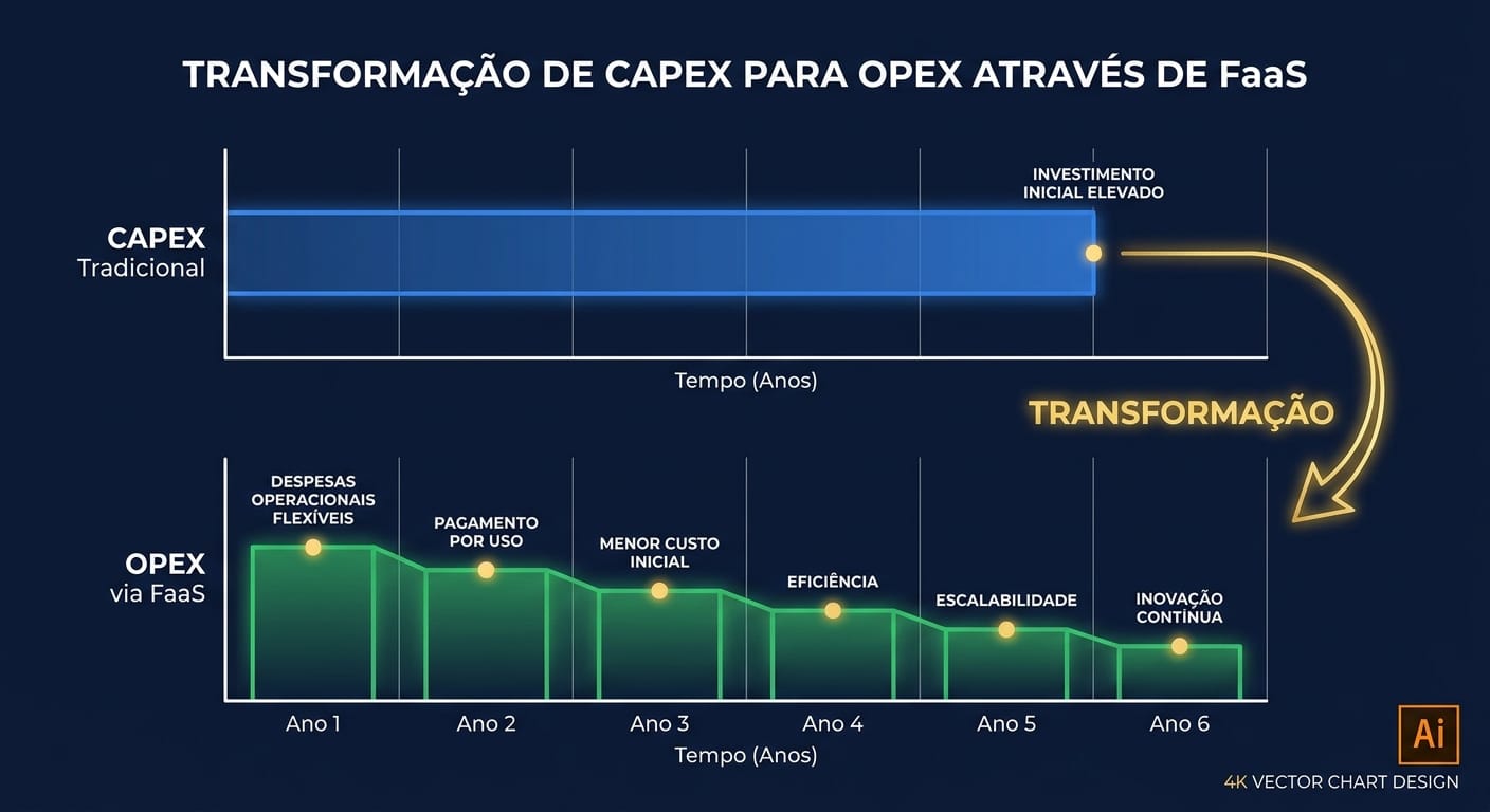 Chart visualizing the CAPEX vs. OPEX transformation through FaaS, showing a large upfront cost bar transforming into smaller, recurring subscription bars.