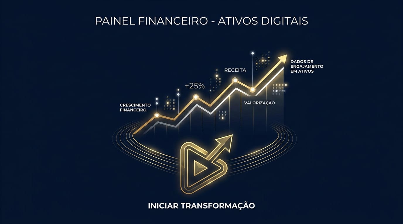 Representação abstrata da fusão entre finanças e a Creator Economy, com um gráfico de crescimento emergindo de um ícone de 'play', simbolizando a transformação de engajamento em ativos financeiros.