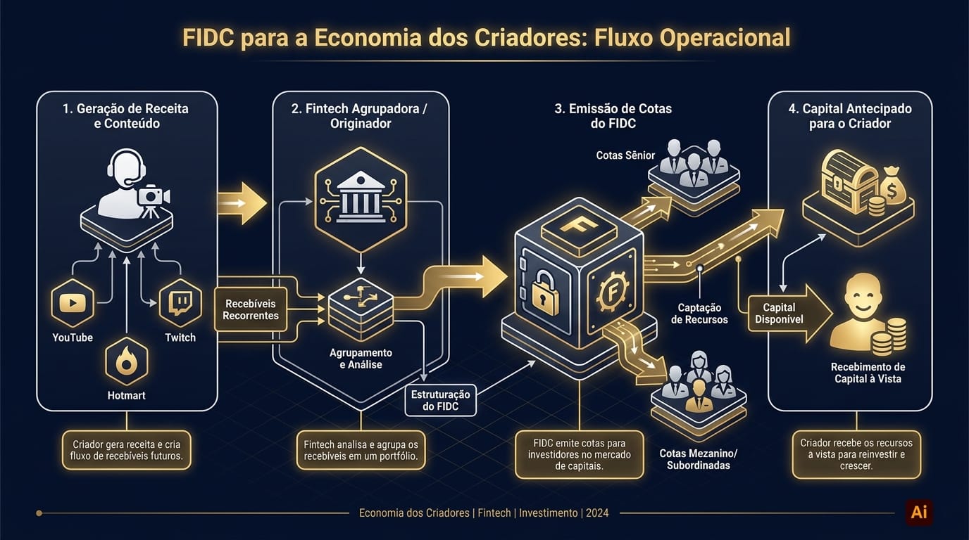 Diagrama de fluxo do FIDC para a Creator Economy, mostrando as etapas: 1) Criador gera receita recorrente, 2) Fintech agrupa recebíveis, 3) FIDC emite cotas para investidores, 4) Criador recebe capital.