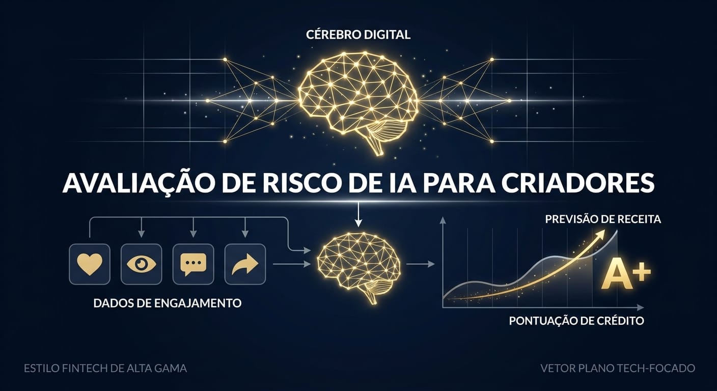 Visualização de uma rede neural analisando métricas de engajamento (likes, views, comments) e transformando-as em um score de crédito preditivo para criadores de conteúdo.