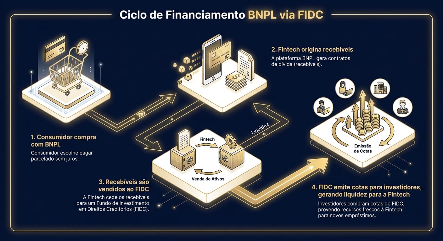 Infográfico mostrando o ciclo de financiamento do BNPL via FIDC em 4 etapas: Compra, Originação de Recebíveis, Venda ao FIDC e Captação de Liquidez.