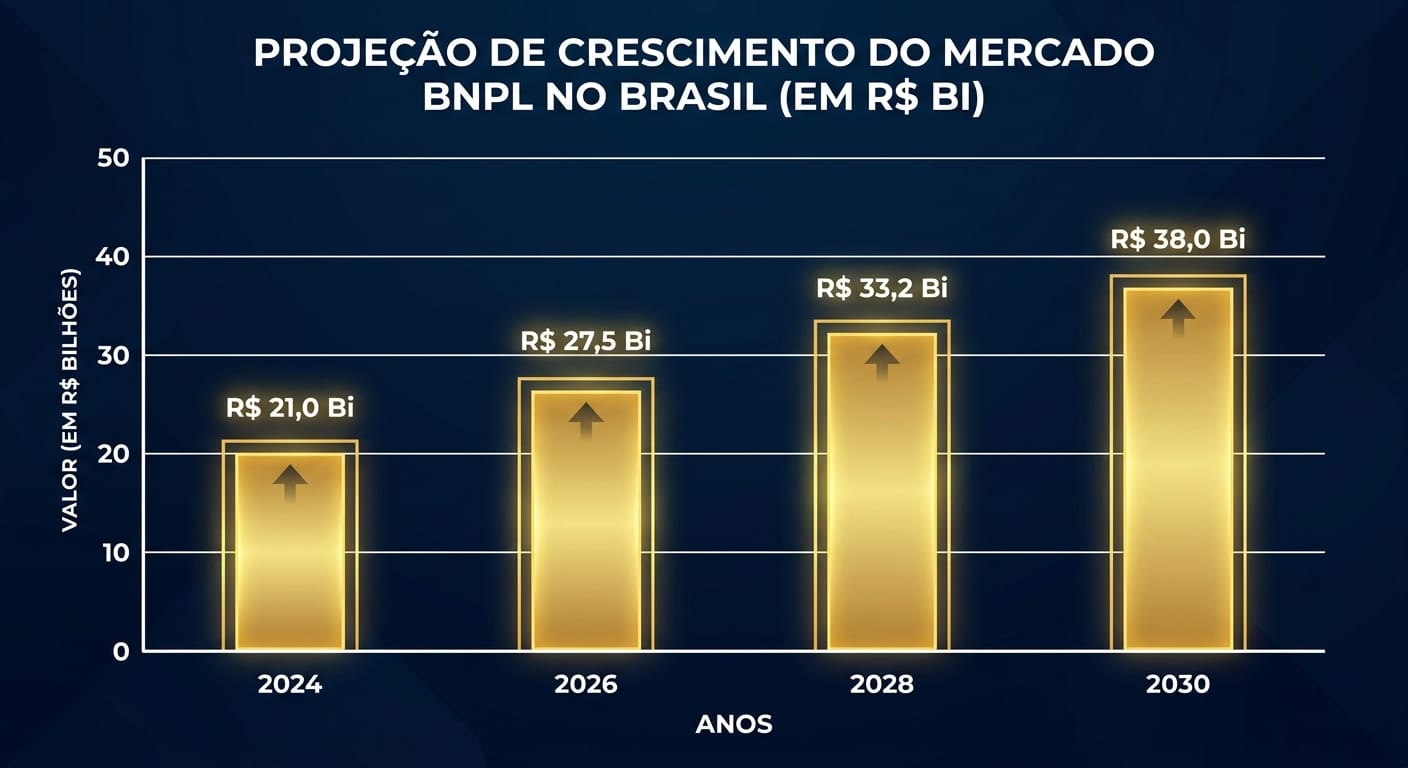 Gráfico de barras projetando o crescimento do mercado de BNPL no Brasil, mostrando valores em bilhões de Reais de 2024 a 2030.
